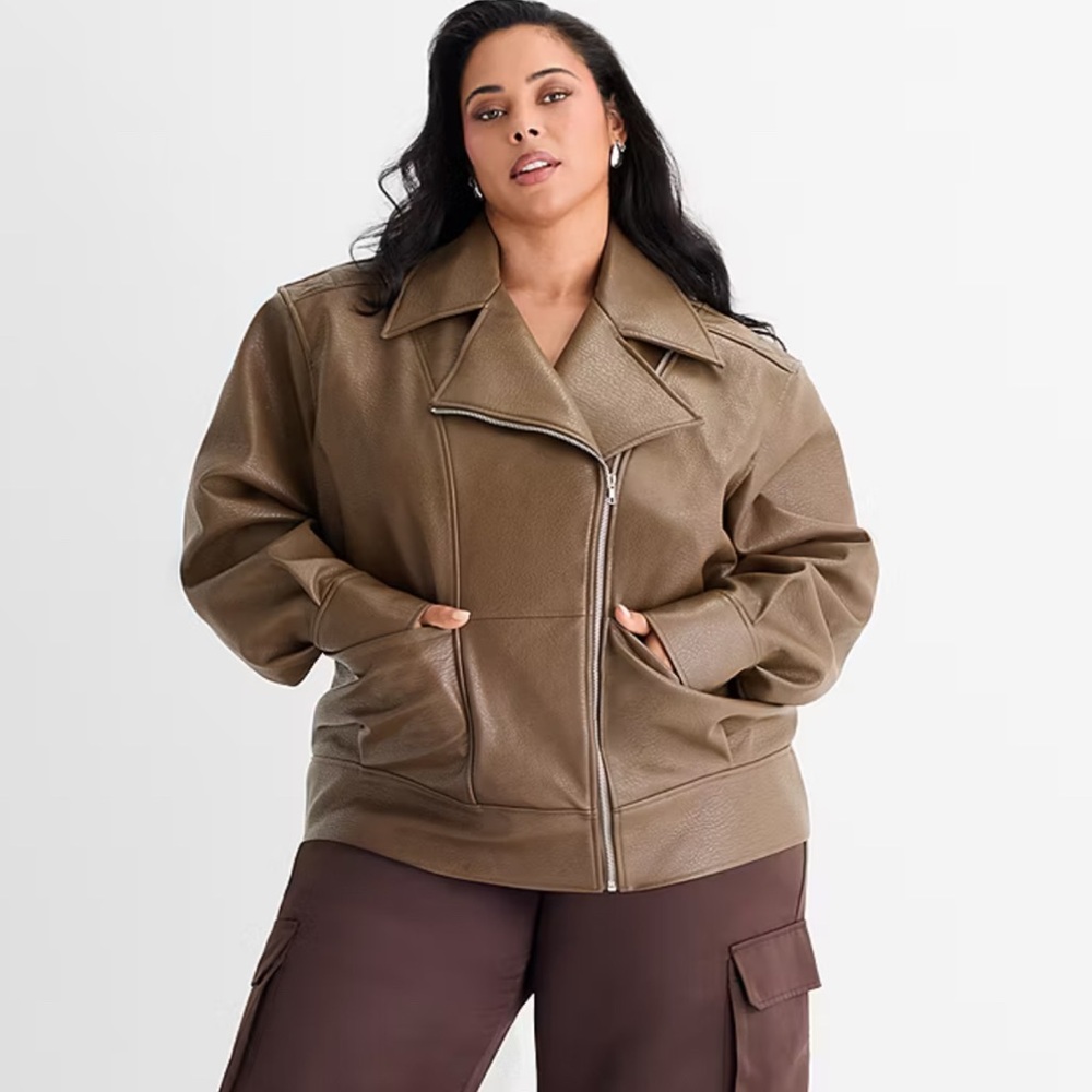 Ashley Graham Brown Faux Leather Moto Jacket